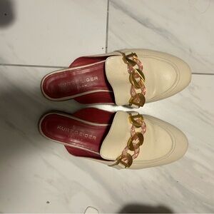 Kurt Geiger Cream Mules with Gold and Pink Chain